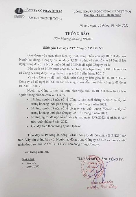 undefined Công ty CP Ô tô 1-5 chậm chốt sổ BHXH cho người lao động