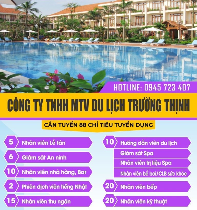 Quảng Bình: Công ty TNHH MTV Du lịch Trường Thịnh tuyển dụng 88 vị trí việc làm hấp dẫn Quảng Bình: Công ty TNHH MTV Du lịch Trường Thịnh tuyển dụng 88 vị trí việc làm hấp dẫn