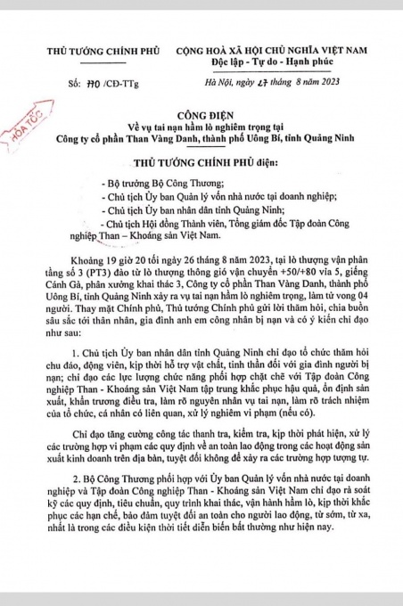 Thủ tướng chỉ đạo khẩn vụ tai nạn lao động xảy ra tại Công ty Than Vàng Danh Thủ tướng chỉ đạo khẩn vụ tai nạn lao động xảy ra tại Công ty Than Vàng Danh