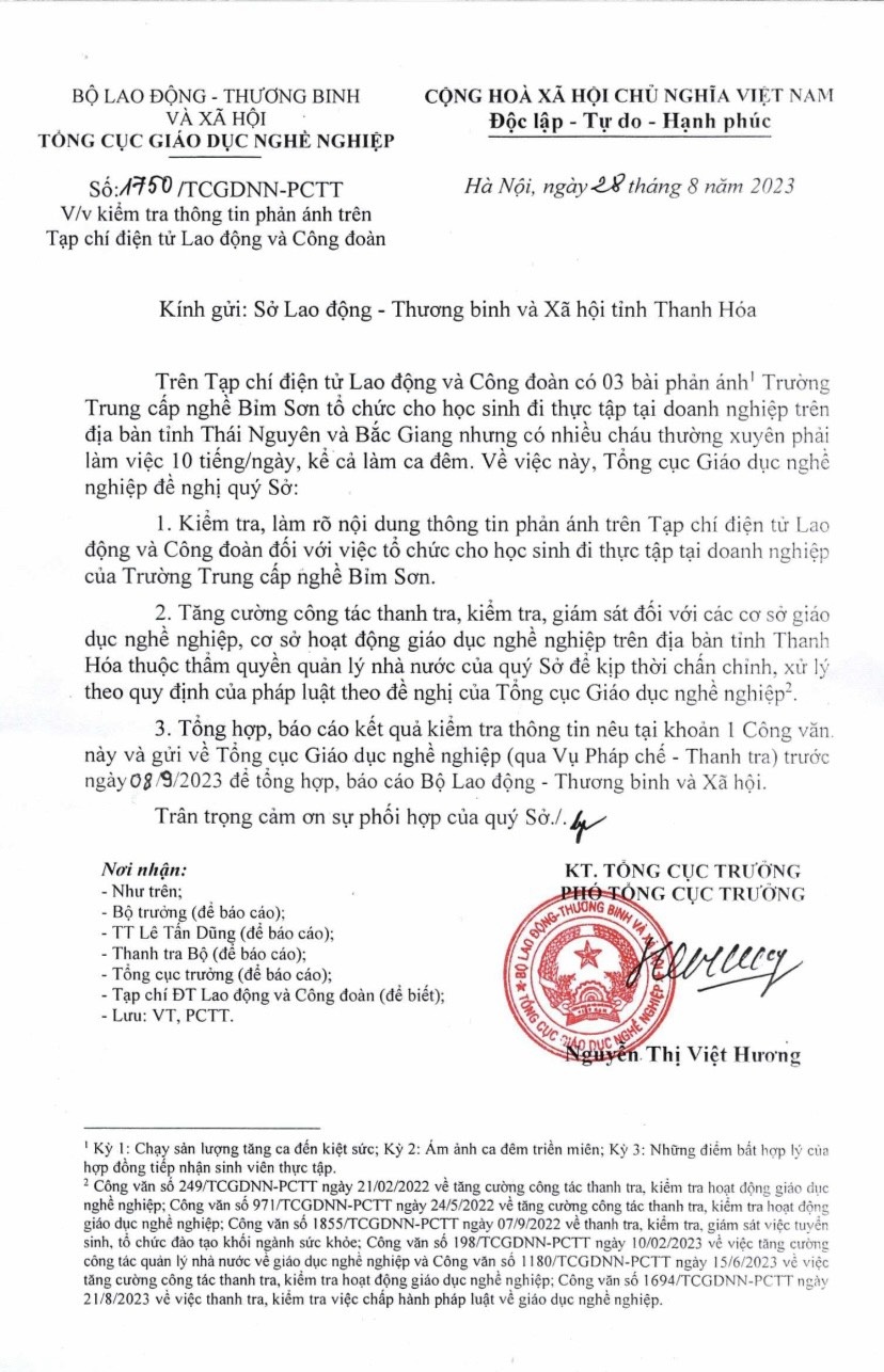 Vụ học sinh bị làm công nhân: Tổng cục  Giáo dục nghề nghiệp có trách nhiệm báo cáo