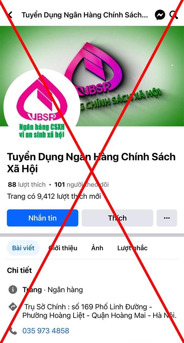 Ngân hàng Chính sách xã hội cảnh báo trang Fanpage tuyển dụng giả mạo Ngân hàng Chính sách xã hội cảnh báo trang Fanpage tuyển dụng giả mạo
