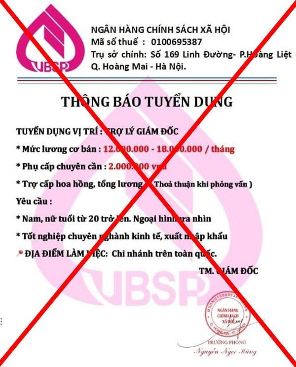 Ngân hàng Chính sách xã hội cảnh báo trang Fanpage tuyển dụng giả mạo Ngân hàng Chính sách xã hội cảnh báo trang Fanpage tuyển dụng giả mạo