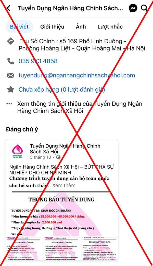 Ngân hàng Chính sách xã hội cảnh báo trang Fanpage tuyển dụng giả mạo Ngân hàng Chính sách xã hội cảnh báo trang Fanpage tuyển dụng giả mạo