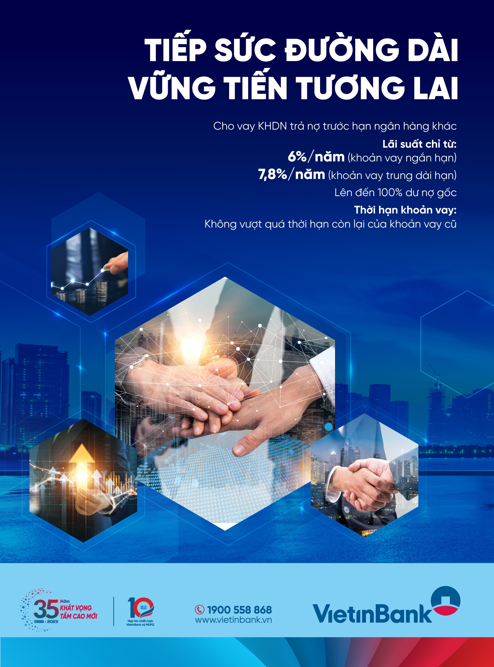 Doanh nghiệp có nhu cầu vay vốn tại VietinBank để trả nợ trước hạn ngân hàng khác được hưởng mức lãi suất đặc biệt ưu đãi, chỉ từ 6,0 %/năm. Doanh nghiệp có nhu cầu vay vốn tại VietinBank để trả nợ trước hạn ngân hàng khác được hưởng mức lãi suất đặc biệt ưu đãi, chỉ từ 6,0 %/năm.