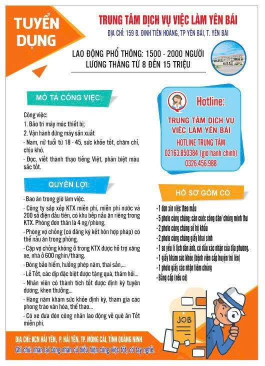 Yên Bái: Tuyển dụng hàng ngàn lao động phổ thông