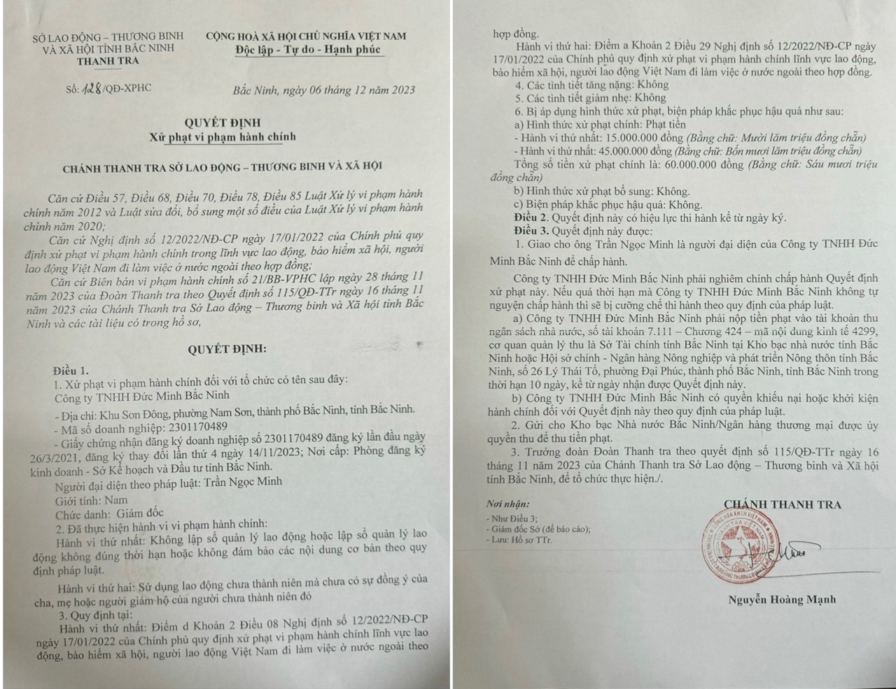 Vì sao Công ty TNHH Đức Minh Bắc Ninh bị xử phạt?