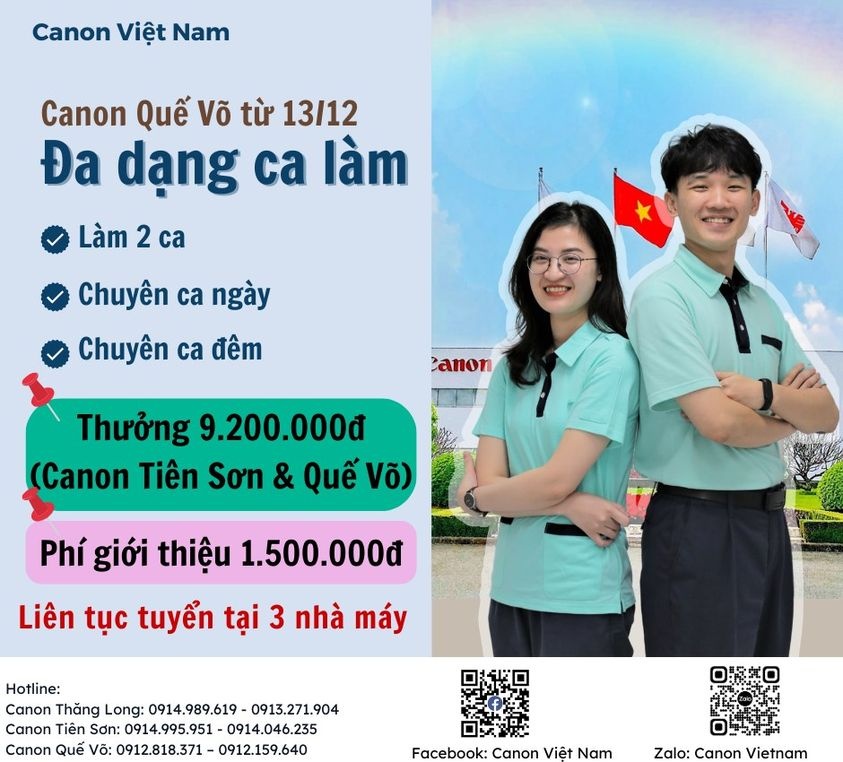 Công ty TNHH Canon Việt Nam liên tục tuyển lao động phổ thông tại 3 nhà máy