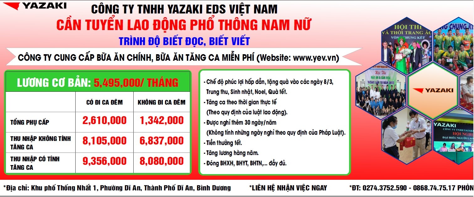 Công ty TNHH Yazaki EDS Việt Nam tuyển 600 lao động phổ thông