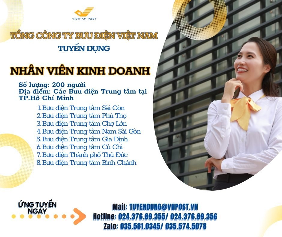 Tuyển 200 nhân viên kinh doanh tại các bưu điện trung tâm TP. Hồ Chí Minh