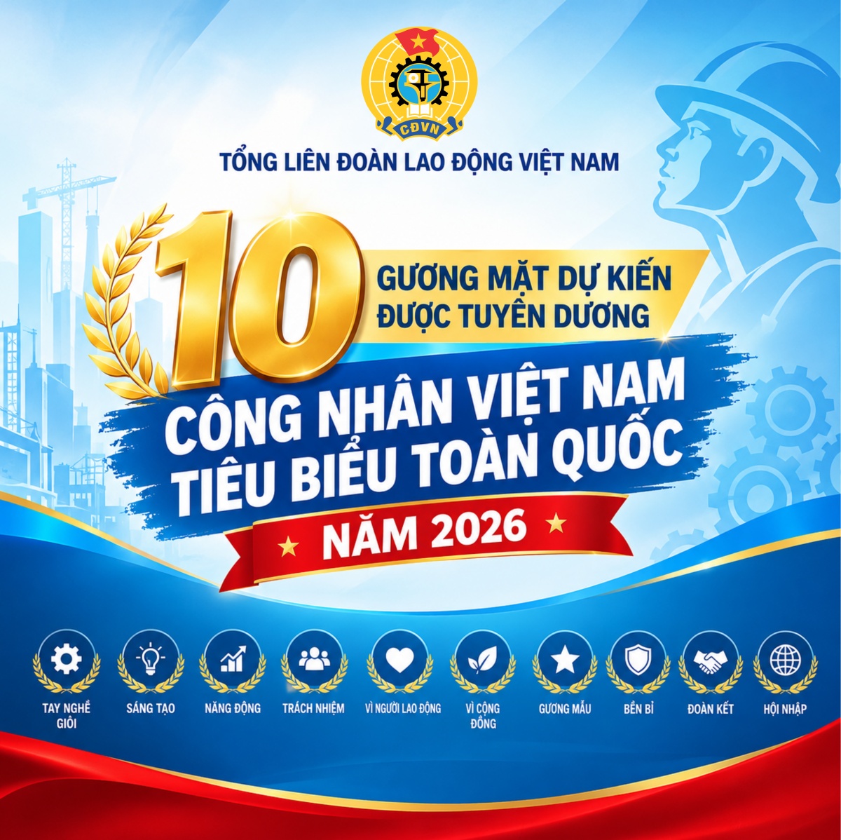 [Infographic] 10 gương mặt dự kiến được tuyên dương Công nhân Việt Nam tiêu biểu toàn quốc năm 2026