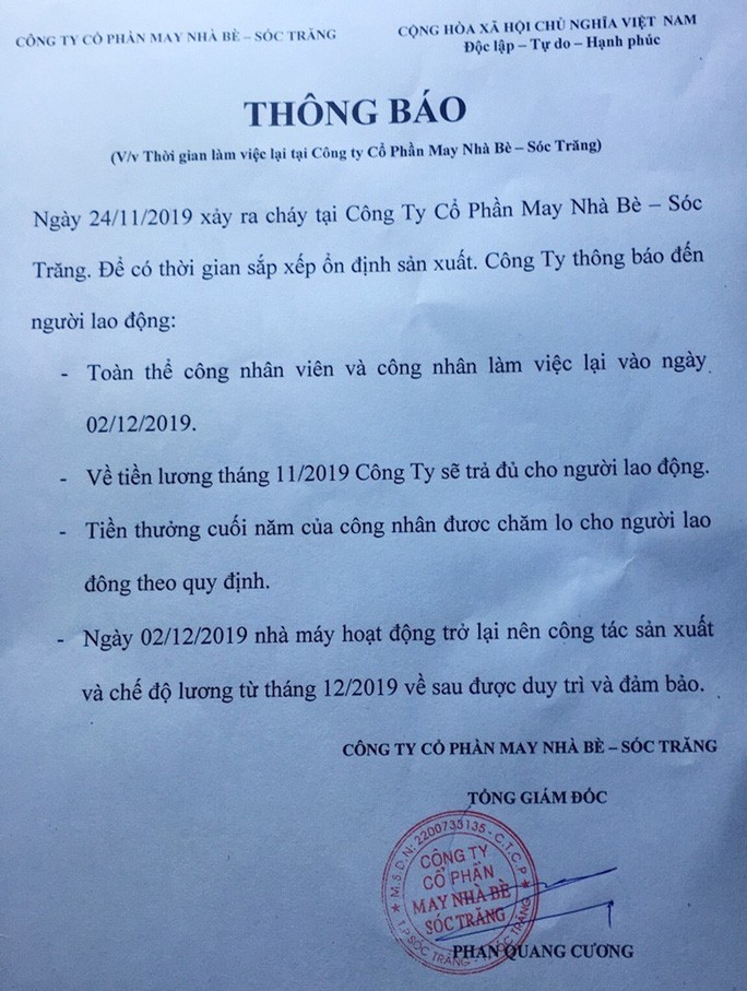 Công ty May Nhà Bè - Sóc Trăng ấn định ngày hoạt động trở lại vụ cháy cam ket ngay cong nhan co the di lam tro lai cong ty may nha be soc trang sau vu chay