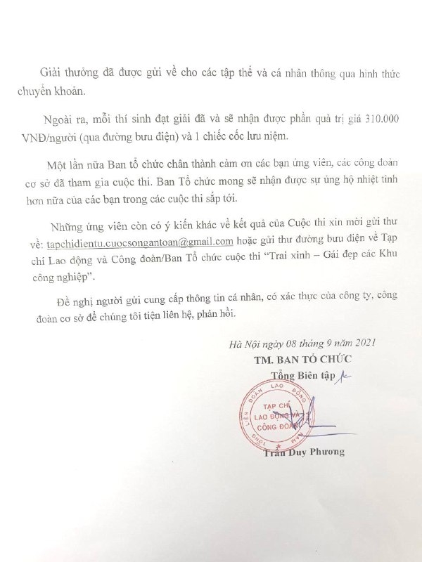 Bổ sung 7 giải Khuyến khích dành cho các 