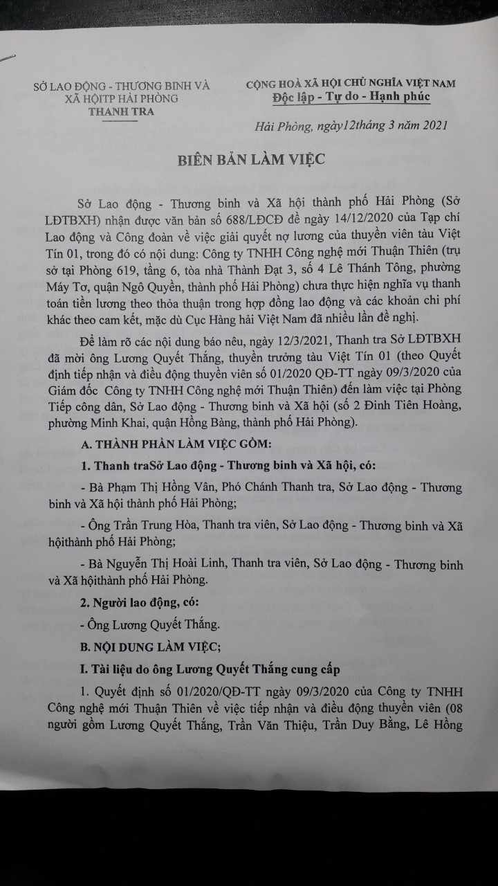 Vụ nợ lương thuyền viên tàu Việt Tín 01: Công ty đề xuất trả lương 1,8 triệu đồng/tháng Vụ nợ lương thuyền viên tàu Việt Tín 01: Công ty đề xuất trả lương 1,8 triệu đồng/tháng