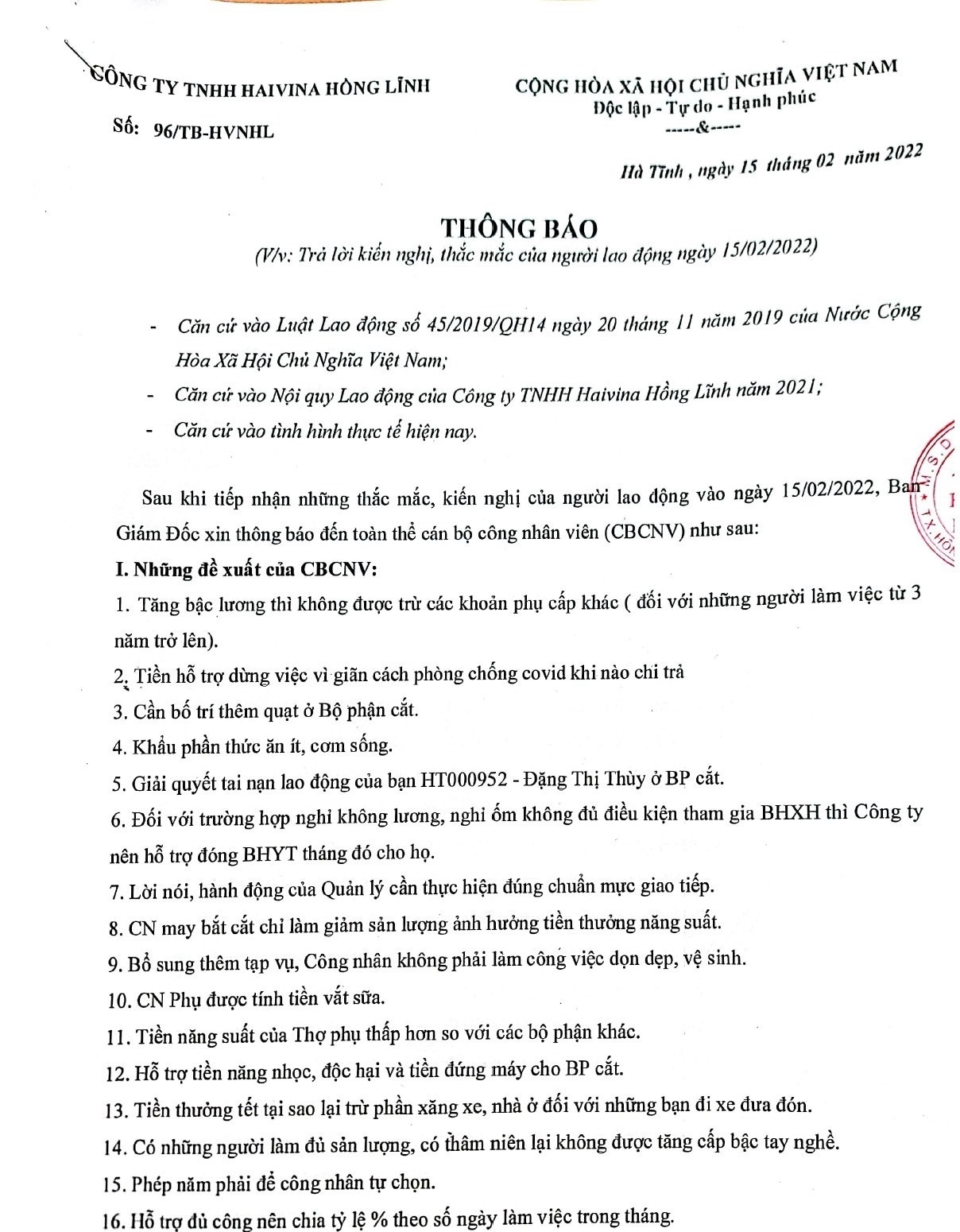 Hà Tĩnh: 500 công nhân ngừng việc đã được giải đáp các kiến nghị và đi làm trở lại