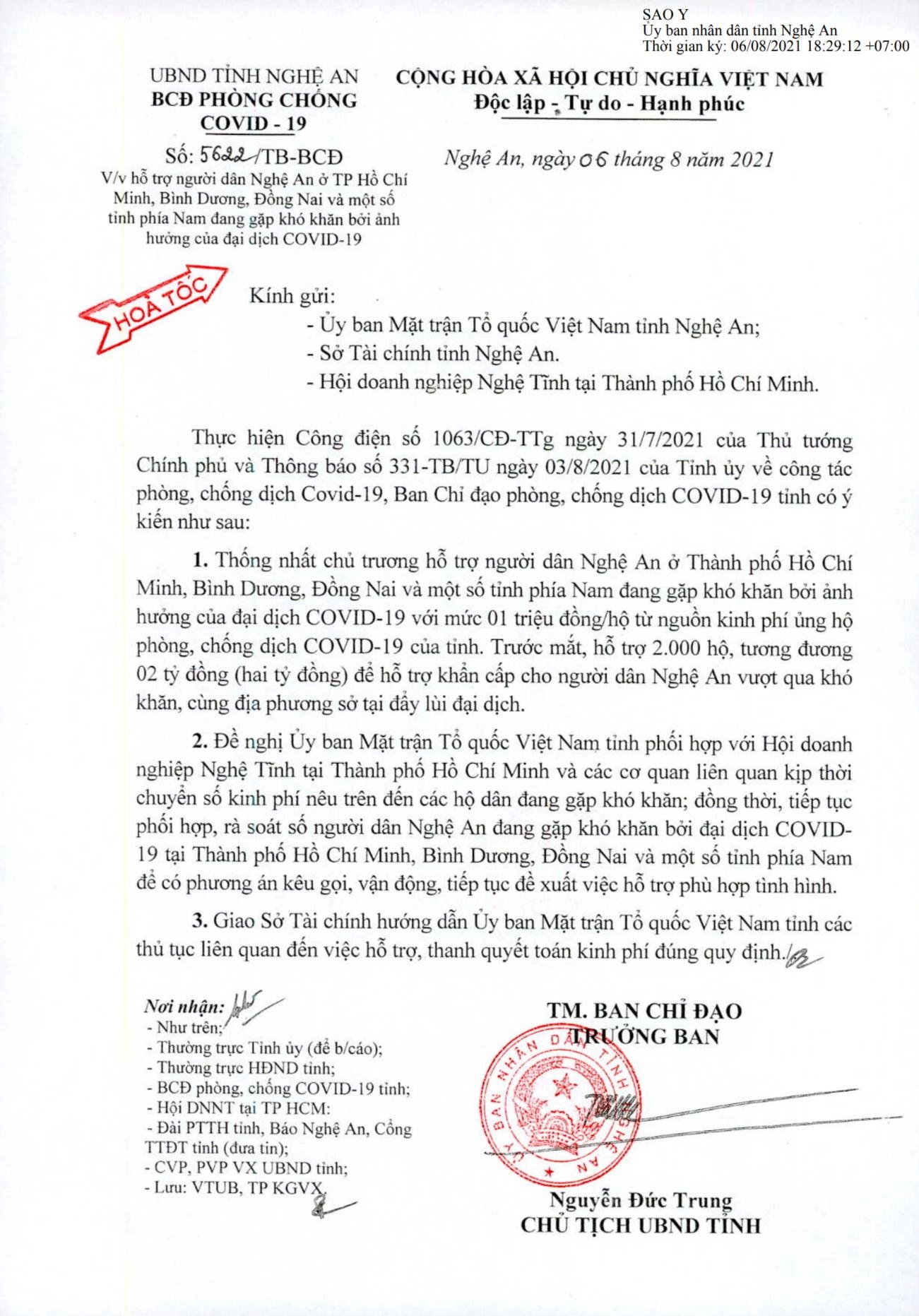 Hỗ trợ khẩn cấp 2.000 hộ dân người Nghệ An gặp khó khăn ở tâm dịch phía Nam, mỗi hộ 1 triệu đồng Hỗ trợ khẩn cấp cho người dân Nghệ An sống ở vùng dịch phía Nam