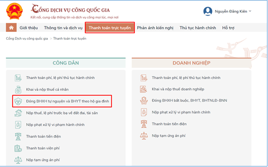 Hướng dẫn đóng BHXH tự nguyện, gia hạn thẻ BHYT theo hộ gia đình trên Cổng DVC Quốc gia