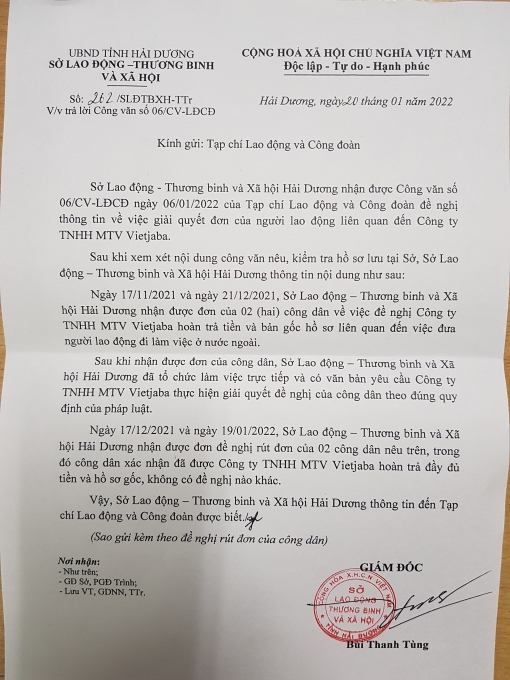 Vụ công ty XKLĐ quỵt tiền NLĐ: Công ty Vietjaba đã hoàn trả tiền cọc