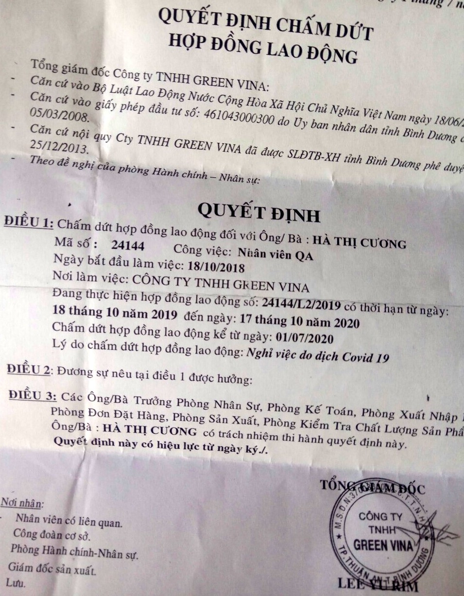 Vụ Công ty Green Vina, bài 4: Công nhân tố bị công ty đuổi việc trái pháp luật Vụ Công ty Green Vina, bài 4: Công nhân tố bị công ty đuổi việc trái pháp luật