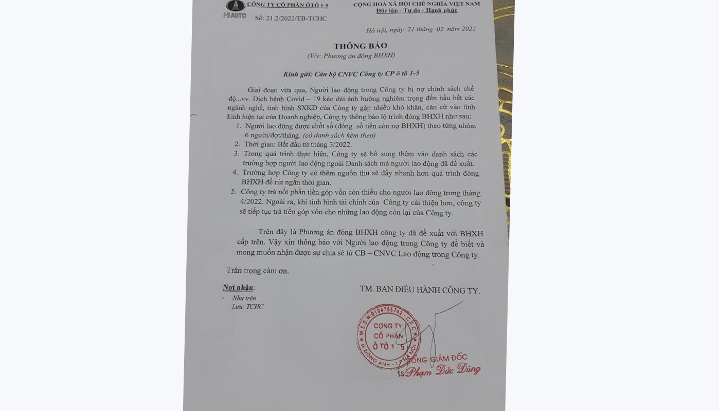 Vụ nợ BHXH tại Công ty CP Ô tô 1-5: Đang làm thủ tục chốt sổ BHXH cho người lao động